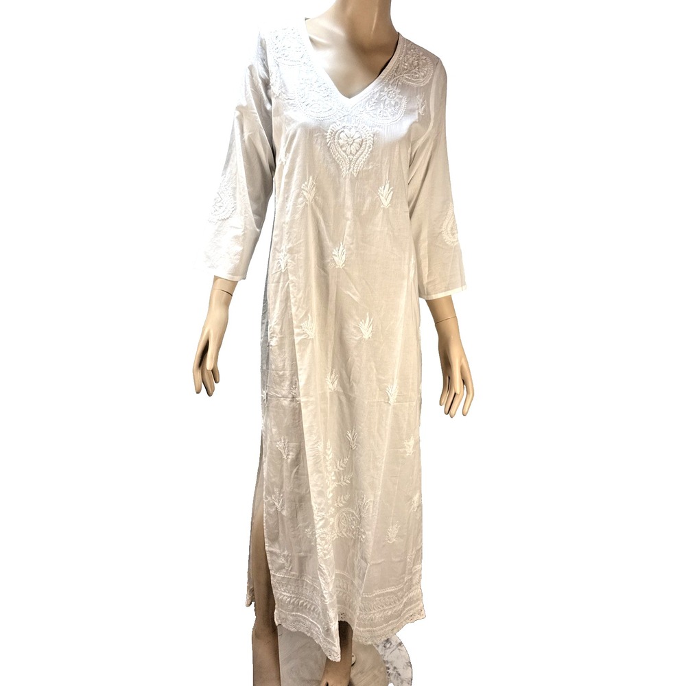 Novica Womens White Cotton Embroidered Maxi Caftan Dress Size M Long Sleeve